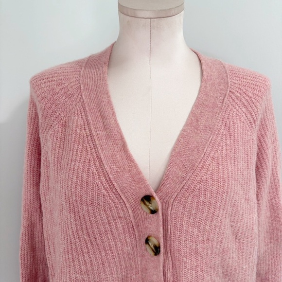 Madewell Ribbed Lyle Henley Size Medium Sweater Watermelon Sugar Pink Merino Woo - Picture 6 of 16